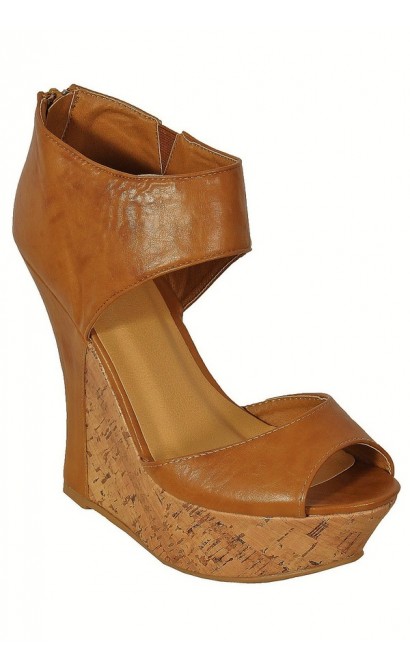 Contrast Cork Tan Leatherette Wedges